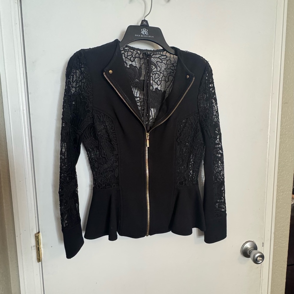 Black Lace-Panel Zip Front Jacket